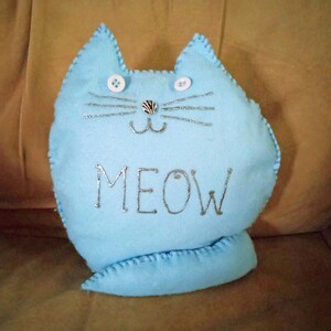 Decorative Cat Pillow Light Blue Felt with Button Eyes