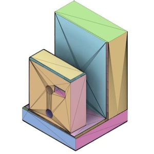 May include: A 3D geometric model with a boxy structure. The model features a combination of colours, including light blue, pink, yellow, and green. The design incorporates triangular facets, creating a low-poly aesthetic. The model is set on a blue base.