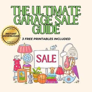 May include: A colorful illustration of a garage sale with items like a lamp, a birdcage, a globe, a picture frame, a toy bear, books, a teapot, and a sign that says "SALE".