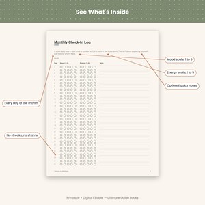 May include: A Monthly Check-In Log printable page featuring columns for days 1 through 31, mood and energy scales from 1 to 5, and a section for notes. The document includes text labels for mood scale, energy scale, and optional quick notes.