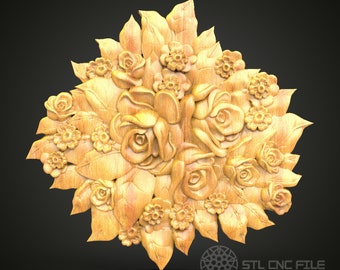 Könnte beinhalten: Eine 3D-gedruckte, goldfarbene Holzschnitzerei eines Rosenstraußes mit Blättern. Die Schnitzerei ist detailliert und kunstvoll, jede Rose und jedes Blatt ist sorgfältig geschnitzt. Die Schnitzerei ist perfekt, um jedem Zuhause einen Hauch von Eleganz zu verleihen.