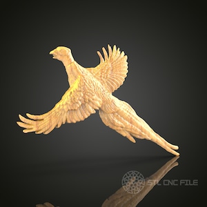 May include: A golden 3D printed pheasant sculpture with detailed feathers and a spread wing pose. The sculpture is in flight and has a long tail.