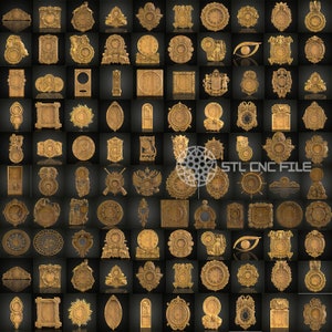 May include: A collection of 81 intricate, ornate, wooden clock face designs. The designs are all carved in a detailed, traditional style and feature a variety of motifs, including flowers, leaves, and geometric patterns. The clock faces are all in a warm, golden brown color and would be perfect for adding a touch of elegance to any home.