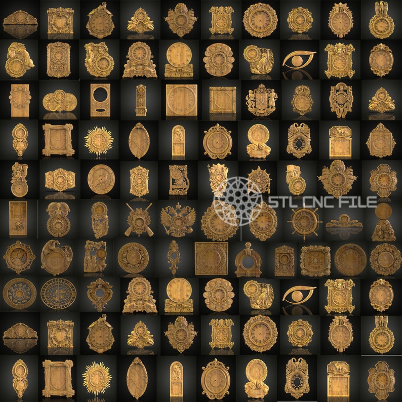 May include: A collection of 81 intricate, ornate, wooden clock face designs. The designs are all carved in a detailed, traditional style and feature a variety of motifs, including flowers, leaves, and geometric patterns. The clock faces are all in a warm, golden brown color and would be perfect for adding a touch of elegance to any home.