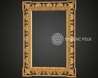 May include: A gold ornate picture frame with intricate carvings and a detailed design. The frame is rectangular and has a raised edge.