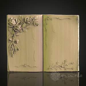 May include: A wooden book with a carved rose design on the front cover and a simple floral design on the back cover. The book is open and the pages are blank.