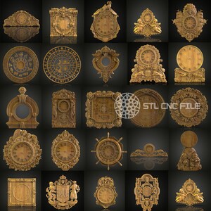 May include: A collection of 25 intricately carved wooden clock faces with various designs, including Roman numerals, zodiac signs, and floral motifs. The clocks are all in a rustic, antique style and would make a beautiful addition to any home.