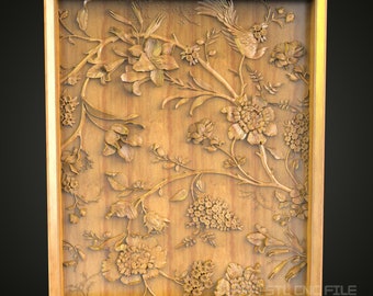 Elegante tallado en madera CNC con relieve floral, modelo Artcam STL para una decoración de pared sofisticada