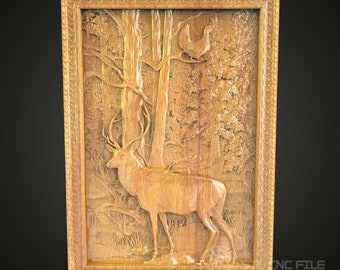 Majestic Deer in Forest Scene Wall Art - CNC Carved STL Model, Wood Wildlife Deco