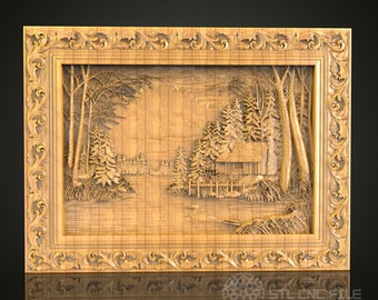 Rustic Cabin Retreat: CNC Carved Forest Scene, STL Model, Decorative Wall Art
