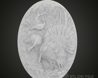 Kalkon och hjort 3D-reliefkonst - CNC-fräs STL-modell (digital fil)