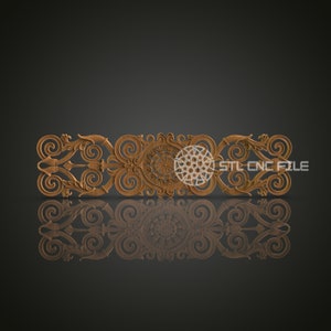 May include: A detailed wooden carving with intricate scrollwork and a central circular design. The carving is a decorative element for a home or furniture piece. STL-CNC FILE is printed on the right side of the carving.