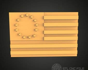 May include: A 3D printed model of the first American flag, featuring 13 stars in a circle and 13 alternating red and white stripes. The flag is a light orange color.
