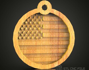 May include: A wooden round ornament with a laser-cut design of the American flag. The ornament has a hole at the top for hanging.
