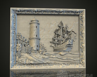 3D Lighthouse and Ship Relief STL Model: Nautical Wall Art (Digital File)