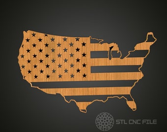 May include: A wooden cutout of the United States of America with the American flag design. The stars and stripes are cut out of the wood, creating a decorative wall art piece. The image includes the text "STL CNC FILE".
