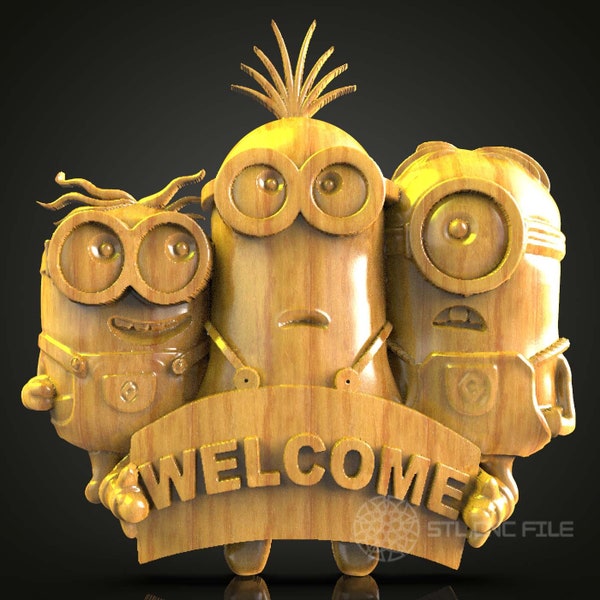 Friendly Trio Welcome Sign STL Model, Fun CNC Engraving, Whimsical Door Decor, Artcam Woodworking File, Aspire Router Project