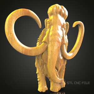 以下が含まれることがあります： 大きな牙を持つマンモスの木彫り。彫刻は細部までこだわっており、リアルな木目調の仕上げになっています。マンモスは4本足で立ち、頭を高く上げています。この彫刻は、木工芸術の素晴らしい例です。