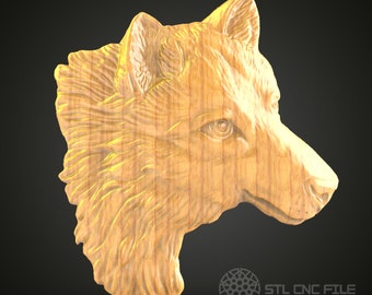 May include: A detailed wooden carving of a wolf's head, with a realistic depiction of fur and facial features. The carving is in a light wood tone and is presented against a black background.