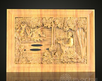 Lakeside Wildlife 3D Relief STL-Datei für CNC, Tranquil Nature Holz Wandkunst