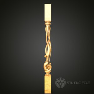 May include: A golden wooden baluster with a decorative, intricate, swirling design. The baluster is approximately 30 cm tall and has a square base. STL CNC FILE is printed at the bottom of the image.