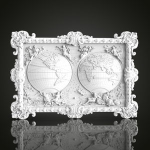 Barokke ingelijste wereldkaart STL-model, CNC-routerbestand, 3D Artcam Aspire elegant ontwerp, klassieke cartografie houtkunst, sierlijke muurdecor CNC