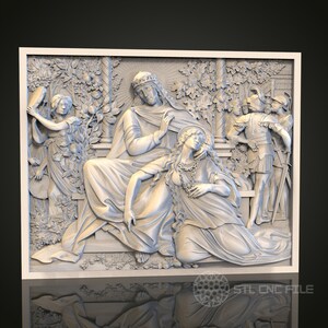 以下が含まれることがあります： 聖書の場面を描いた白い3Dプリントのレリーフ彫刻。彫刻は、茨の冠をかぶったイエス・キリスト、彼の前にひざまずく女性、そして彼らの後ろに立つ2人の兵士を描いています。