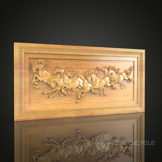 Stampede of Horses CNC Carved Wood Panel, Artcam STL Model for