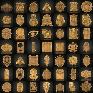 May include: A collection of 36 intricately carved wooden clock faces with various designs, including floral, geometric, and animal motifs. The clocks are all in shades of brown and gold, and some have a black background.