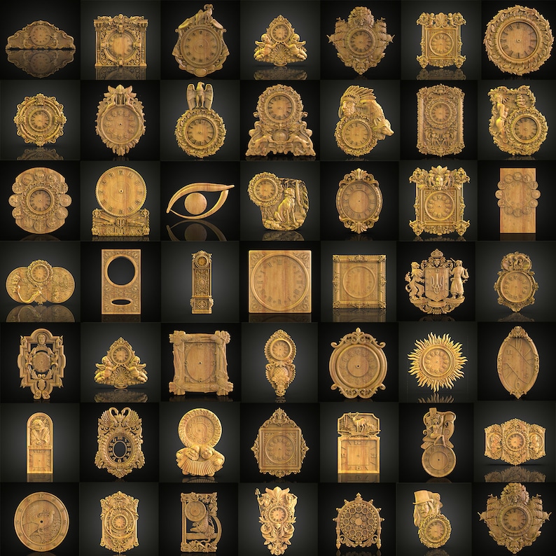 May include: A collection of 36 intricately carved wooden clock faces with various designs, including floral, geometric, and animal motifs. The clocks are all in shades of brown and gold, and some have a black background.