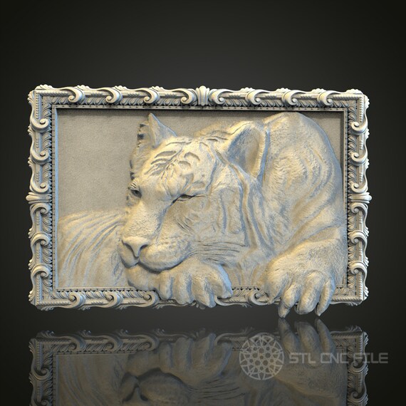 トラのレリーフ 3D STL モデル: CNC 彫刻可能な野生動物アート (PDF