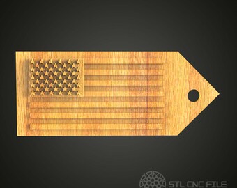 May include: Wooden tag with a cutout of the American flag. The flag is made of wood and has a red, white, and blue color scheme. The tag has a hole in the top right corner for hanging.