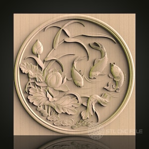 Fichier de gravure 3D pour routeur CNC Koi Fish Pond, modèle STL pour Artcam Aspire, décoration murale en bois