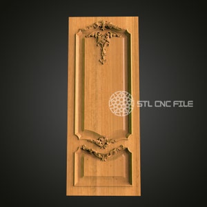 May include: A wooden door panel with intricate carvings in a traditional style. The panel features a raised centre section with a floral design and a smaller, lower section with a similar design. The panel is made of light-coloured wood and has a smooth, polished finish.