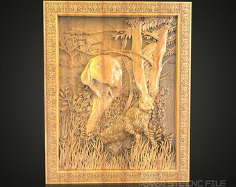 Forest Encounter 3D Relief STL File for CNC, Deer and Hare Wood Wall Art