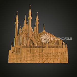 May include: A detailed wooden model of a mosque with intricate carvings and a domed roof. The model is set on a tiled base and has a "STL CNC FILE" label.