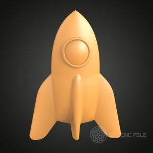 May include: A 3D printed model of a cartoon rocket ship. The rocket is orange and has a round window at the front.