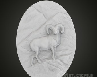 Mountain Ram Oval 3D Relief Art: CNC Router STL Model (Digital File)