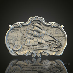 May include: A detailed, ornate, 3D-carved wooden plaque featuring a sailing ship with billowing sails, an anchor, and a compass. The plaque has a decorative, ornate border and the words "NOEL" and "NOR" are visible on the plaque.