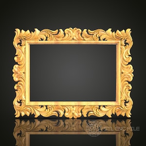 May include: A gold ornate picture frame with intricate carvings and a detailed design. The frame is reflecting on a black surface.