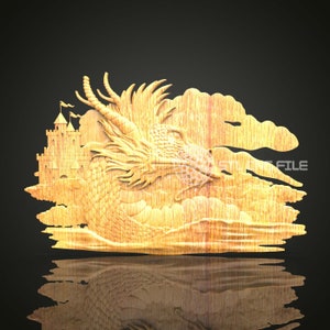 Fantasy Dragon and Castle 3D STL Model, CNC Woodworking File, Engraving Art, Mythical Wall Decor, Router Design for Craftsmen