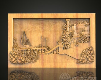 Archivo STL de relieve 3D de Lakeside Estate y velero para CNC, arte escénico de pared de madera