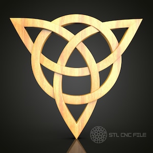 May include: A wooden Celtic knot design in the shape of a triangle. The knot is intricately woven and has a light brown color.