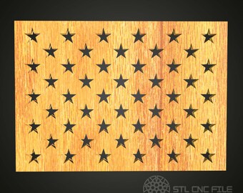 May include: A wooden panel with a repeating pattern of stars cut out. The panel is a light brown color and has a wood grain texture.
