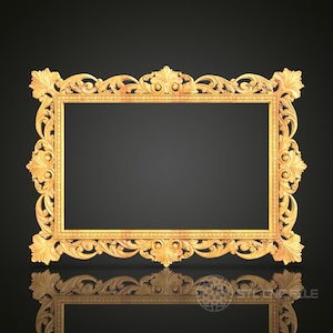 May include: A large, ornate, gold-colored picture frame with intricate carvings and a detailed design. The frame is made of wood and has a rectangular shape.