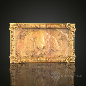 May include: A wooden carving of a tiger resting in a woodland setting, framed in a detailed, ornate, gold-coloured frame.