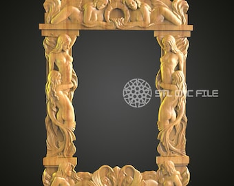 May include: A wooden frame with a carved design of mermaids and seashells. The frame is a rectangular shape with a rounded top. The frame is made of light brown wood and has a natural finish.
