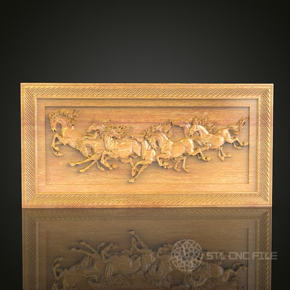 Stampede of Horses CNC Carved Wood Panel, Artcam STL Model for