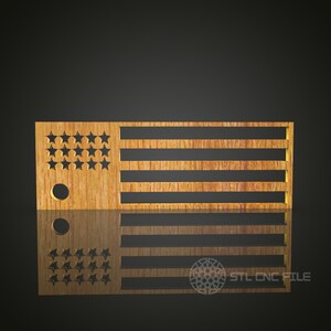 May include: Wooden American flag design with stars and stripes, featuring cut-out details. The flag has a natural wood grain finish and two circular cutouts. The text "STL CNC FILE" is visible in the lower right corner.