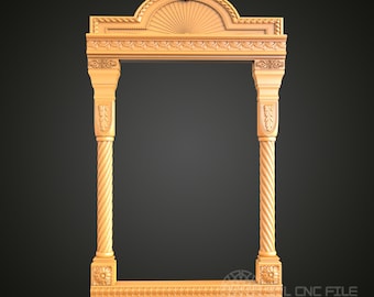May include: A wooden archway with intricate carvings and a fluted column on each side. The archway is made of a light brown wood and has a decorative design on the top.